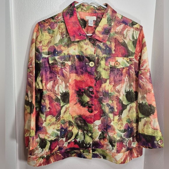 Chico's Floral Watercolor Atalia Shimmer Jacket Size 2 (Chico's 2)/L NWOT *Mint - Picture 2 of 12
